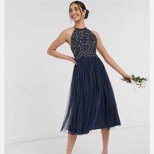 Maya Deluxe Halter Dark Blue Sequin Top Tulip Skirt Midi Sleeveless Prom Dress